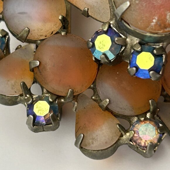Vintage 1950s Orange Givre Glass Cabochon Arora Borealis Rhinestone Brooch - Picture 5 of 15